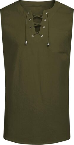 COOFANDY Men's Cotton Linen Tank Top Shirts Casual Sleeveless Lace Up Beach Hippie Tops Bohemian Renaissance Pirate Tunic in Kuwait