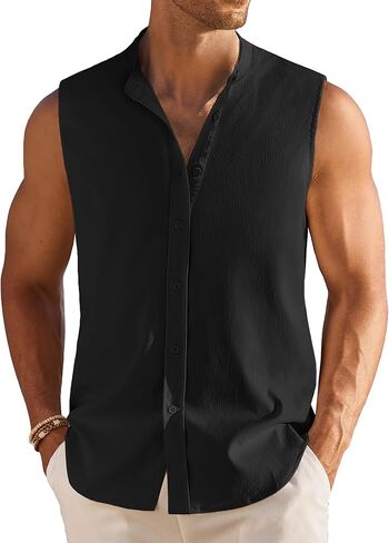 COOFANDY Men's Summer Beach Tank Tops Sleeveless Button Up Shirt Casual Textured Tank Shirts in Kuwait