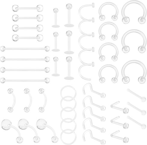 Lusofie 48Pcs Clear Nose Studs & Piercing Jewelry - Acrylic Retainers for Lip, Nipple, Tongue, Septum, Eyebrow, Belly, Tragus, Helix, and Cartilage in Kuwait