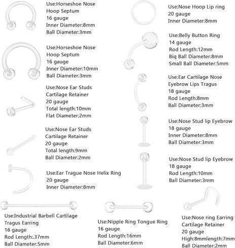 Lusofie 48Pcs Clear Nose Studs & Piercing Jewelry - Acrylic Retainers for Lip, Nipple, Tongue, Septum, Eyebrow, Belly, Tragus, Helix, and Cartilage in Kuwait
