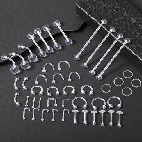 Lusofie 48Pcs Clear Nose Studs & Piercing Jewelry - Acrylic Retainers for Lip, Nipple, Tongue, Septum, Eyebrow, Belly, Tragus, Helix, and Cartilage in Kuwait