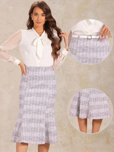 تنورة Allegra K Tweed متوسطة الطول للنساء منقوشة بحزام على شكل ذيل السمكة in Saudi Arabia