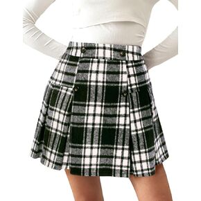 Kate Kasin 2024 Women's Pleated Plaid Mini Skirt High Waist A-Line Fall Winter Casual Skirts