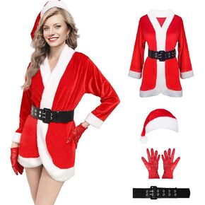 Women Santa Claus Costumes Suit Mrs Santa Cosplay Costume Outfit Dress One Size with Belt and Hat（3 Piece）
