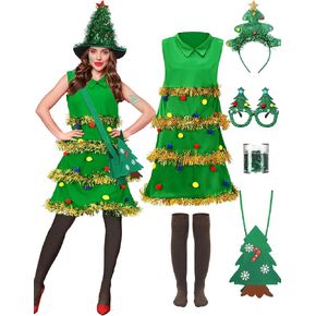 Berlune 7 Pcs Christmas Tree Costume Set for Women Christmas Outfit Dress Hat Headband Bag Glasses Frame Socks Sequins (Medium)