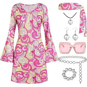 70s Disco Outfit Women, 7 PCS 70's Disco Dress Costume Hippie Clothes Accessories Jewelry Halloween
