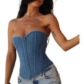 Denim Corset Top for Women, Denim Tube Top Sexy Sleeveless Slim Front Hook Waist Cincher Bustier Jean Corset Tops
