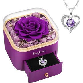 Beferr Gifts for Women Birthday Gifts Preserved Real Rose with Necklace Women Gifts for Christmas Eternal Roses Forever Flowers Gifts for Mom Wife Sister Grandma Purple