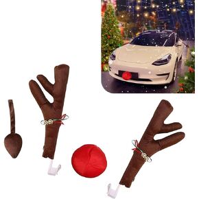 4 PCS Car Reindeer Antler Kit and Nose Tail, Santa Reindeer Antler Decoration Set, Car Roof with Bell Antlers + Grille Nose + Trunk Deer Tail, Christmas Festive Decoration Accessories (Brown)