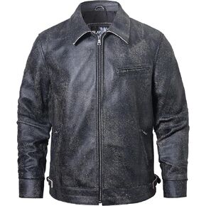 FLAVOR Mens Cowhide Leather Casual Jacket Retro Classic Jacket Slim Fit Black