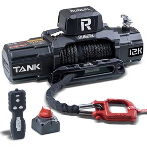RUGCEL WINCH 13500lb New Waterproof Electric Synthetic Rope Winch 12V with Hawse Fairlead,2 in 1 Infrared Remote Control,Wired Control,Red Rope,for Truck SUV