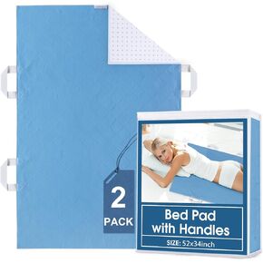 Positioning Bed Pad with 4 Handles 2 Pack, Washable and Reusable Pee Pads, Incontinence Hospital Chuck Pads for Adults, Elderly, Kids, Toddler, 34'' x 52'', Blue