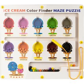Ice Cream Magnetic Color and Number Maze, Montessori Color Sorting Puzzles Game for Kid, Counting Matching Board Toys, Learning Motor Skill Toy Gift for Boys Girls Toddlers Preschool 3 4 5 Years