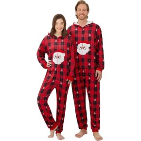 ESHOO Christmas Matching Pajamas for Couples Men Women Stripe Plaid Hooded One Piece Pjs Elk Santa Full Zipper Loungewear
