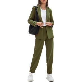 EXLURA Women's Business One Button Blazer Jacket High Elastic Waist Pant Suit Set Casual Loose 2 Piece Suits Office Work