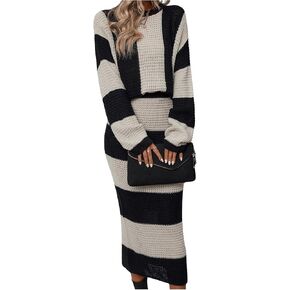 Women's Two Piece Outfit Colorblock Striped Round Neck Long Sleeve Sweater Top and Bodycon Midi Skirt Set