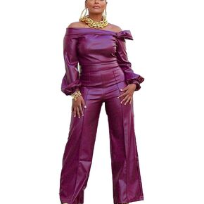 Tcremisa Women's Faux Leather 2 Piece Outfits Sexy Long Sleeve Off Shoulder Crop Tops and Pu Wide Leg Pants Set