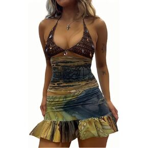 Sexy Outfit for Women Going Out Backless Halter Neck Suspenders High Waist Printed Skirt 2 Piece Set