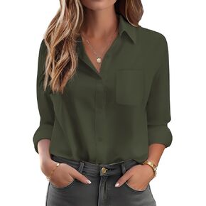 HOTOUCH Womens Button Down Shirt Cotton V Neck Work Office Blouse Dressy Casual Long Sleeve Tops with Pocket