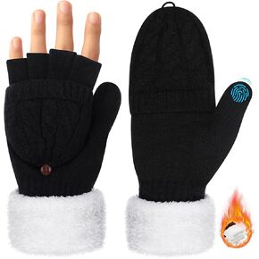 Coume Fingerless Gloves Mittens for Women Winter Thick Warm Thermal Touch Screen Convertible Flap Half Finger Mittens Adult