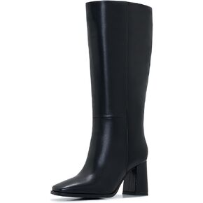 Knee-High Boots for Women - Wide Calf Boots with Zipper, Square Toe Tall Leather Boots, Chunky Heel Fashion Long Boots