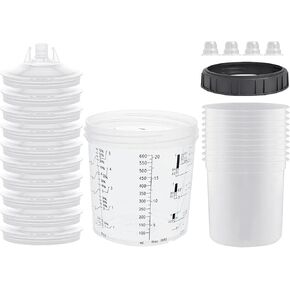 Disposable Paint Sprayer Mixing Cup for Automotive Paint Gun,Compatible with Original 1.0 System(not 2.0)-10pcs 20 Ounce Kit-10 Cup Liners,10 Lids with Strainer,1 Hard Cup with Retainer Ring,4 Plugs