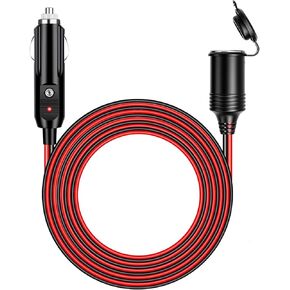 12V/24V Car Charger Extension-16.4ft Black Long Cable with Inline Cigarette Lighter Socket. Suitable for Tire Inflators Vacuum Cleaners and Other Portable Equipment Tough Durable Power Lead.