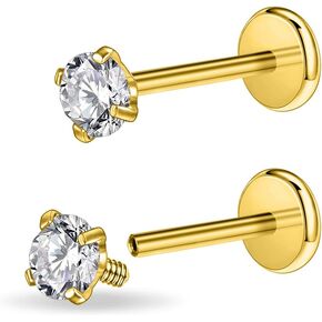PunkTracker 16g/18g Surgical Steel Internal Thread CZ Stud Piercing Jewelry for Tragus/Nose/Helix/Conch/Medusa/Lip/Labret - Helix Tragus Cartilage Earring for Women Men 2PCS