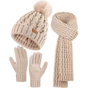Women Winter Beanie Hat Scarf Gloves Set Pom Hat with Warm Fleece Lined Long Knit Scarf Touchscreen Gloves for Cold Weather