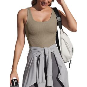 Ribbed Workout Tank Tops for Women with Built in Bra Padded Scoop Neck Slimming Athletic Tank Top in Kuwait