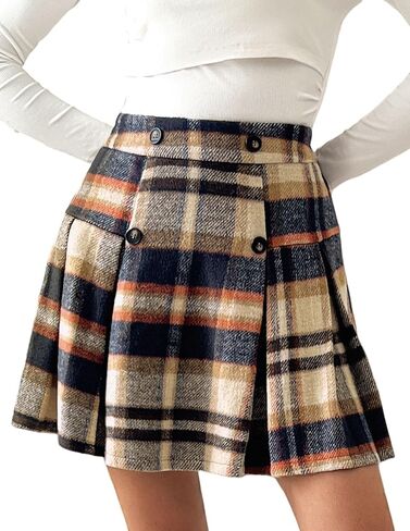 Kate Kasin 2024 Women's Pleated Plaid Mini Skirt High Waist A-Line Fall Winter Casual Skirts in Saudi Arabia