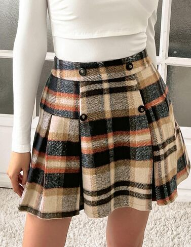 Kate Kasin 2024 Women's Pleated Plaid Mini Skirt High Waist A-Line Fall Winter Casual Skirts in Saudi Arabia