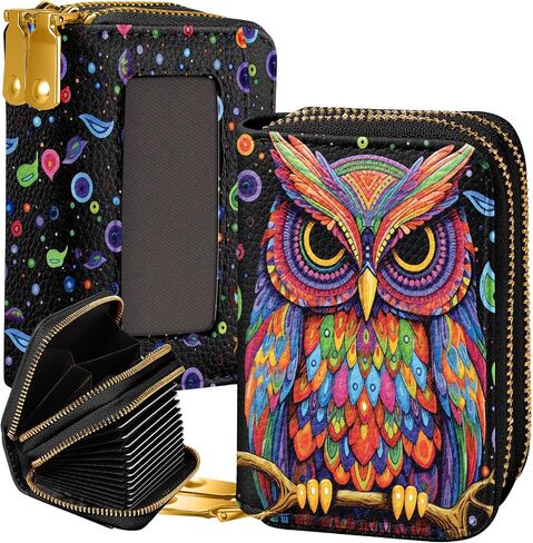 Credit Card Holder for Women - RFID Women Wallet Leather Card Wallet for Ladies Girls Female Aesthetic Cute Wallet with Card Slots Coin Cash Zipper Purse & ID Window, Colorful Owl in Saudi Arabia