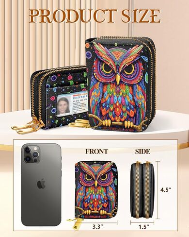 Credit Card Holder for Women - RFID Women Wallet Leather Card Wallet for Ladies Girls Female Aesthetic Cute Wallet with Card Slots Coin Cash Zipper Purse & ID Window, Colorful Owl in Saudi Arabia