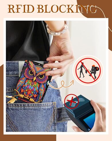 Credit Card Holder for Women - RFID Women Wallet Leather Card Wallet for Ladies Girls Female Aesthetic Cute Wallet with Card Slots Coin Cash Zipper Purse & ID Window, Colorful Owl in Saudi Arabia