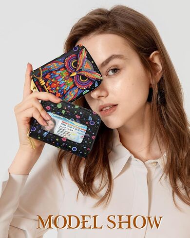 Credit Card Holder for Women - RFID Women Wallet Leather Card Wallet for Ladies Girls Female Aesthetic Cute Wallet with Card Slots Coin Cash Zipper Purse & ID Window, Colorful Owl in Saudi Arabia