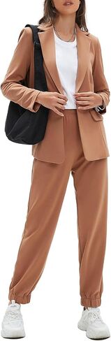 EXLURA Women's Business One Button Blazer Jacket High Elastic Waist Pant Suit Set Casual Loose 2 Piece Suits Office Work in Saudi Arabia