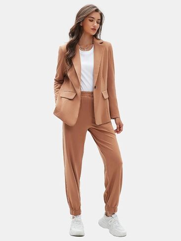 EXLURA Women's Business One Button Blazer Jacket High Elastic Waist Pant Suit Set Casual Loose 2 Piece Suits Office Work in Saudi Arabia