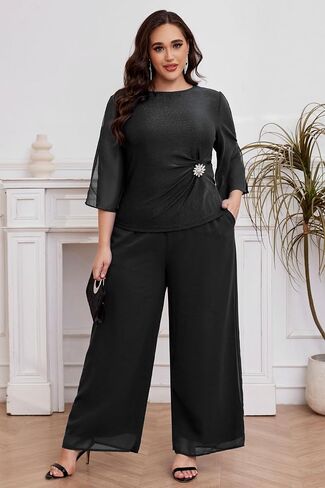 AOVDE Plus Size Pant Suits Mother of Bride Dressy Pant Suits 2 Piece Outfits with Pockets for Women Wedding Guest in Kuwait