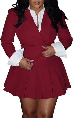 Womens Suits 2 Piece Set Casual Double Breasted Crop Jacket Blazer Top & High Waist Pleated Mini Skirt Sets in Saudi Arabia