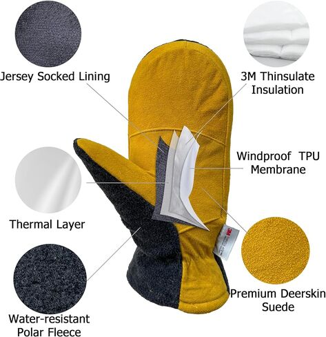 SKYDEER Upgraded Winter Mittens with Soft Deerskin Suede Leather & Thermal Polar Fleece & Warm C100G 3M Thinsulate Insulation in Kuwait