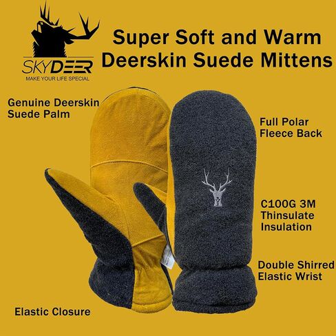 SKYDEER Upgraded Winter Mittens with Soft Deerskin Suede Leather & Thermal Polar Fleece & Warm C100G 3M Thinsulate Insulation in Kuwait