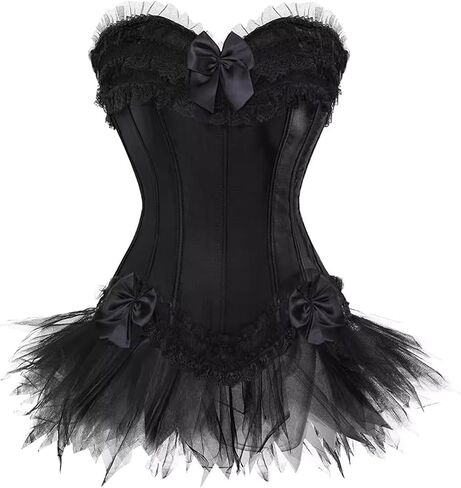 Women's Burlesque Stripe Butterfly Bow Corset Body Shape Bustier Top Party Showgirl Corsets with Tutu Skirt in Kuwait