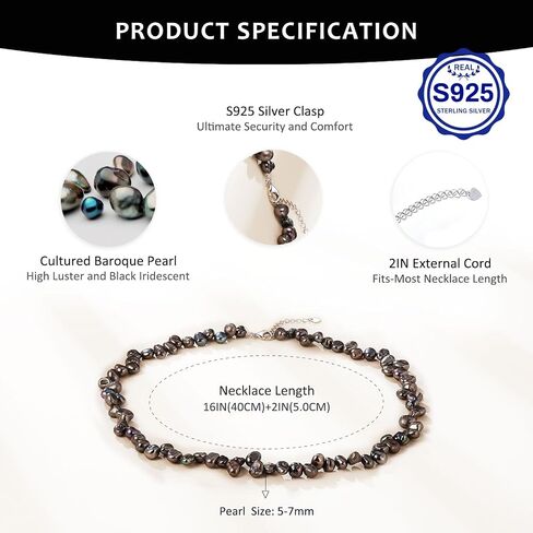 Baroque Pearl Strand Necklace - 8-9.5MM Cultured Pearls, 925 Sterling Silver Clasp, Timeless Anniversary or Mother's Day Gift, 18+2IN Adjustable Chain, Elegant Options in Black, Grey, or White in Kuwait