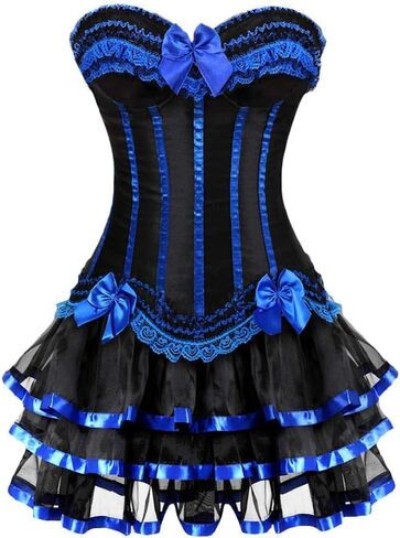 Women's Burlesque Stripe Butterfly Bow Corset Body Shape Bustier Top Party Showgirl Corsets with Tutu Skirt in Kuwait