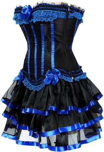 Women's Burlesque Stripe Butterfly Bow Corset Body Shape Bustier Top Party Showgirl Corsets with Tutu Skirt in Kuwait
