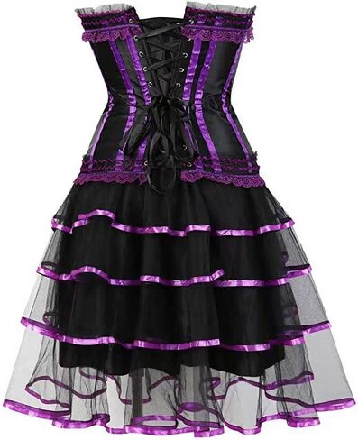 Women's Burlesque Stripe Butterfly Bow Corset Body Shape Bustier Top Party Showgirl Corsets with Tutu Skirt in Kuwait