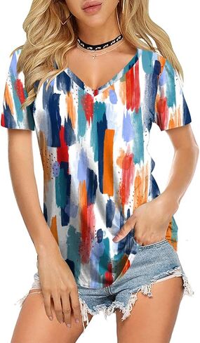 Amoretu Womens T Shirts V Neck Short Sleeve Tshirt Basic Tee Curved Hem Tops in Saudi Arabia