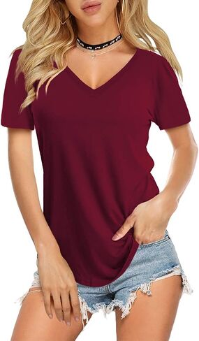 Amoretu Womens T Shirts V Neck Short Sleeve Tshirt Basic Tee Curved Hem Tops in Saudi Arabia