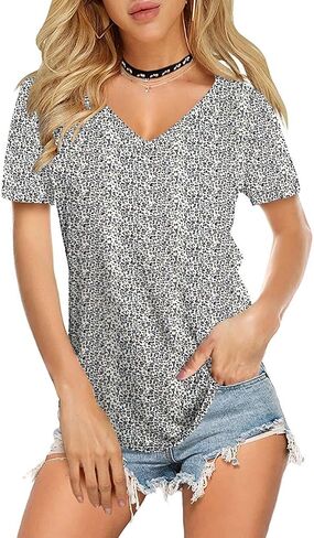 Amoretu Womens T Shirts V Neck Short Sleeve Tshirt Basic Tee Curved Hem Tops in Saudi Arabia